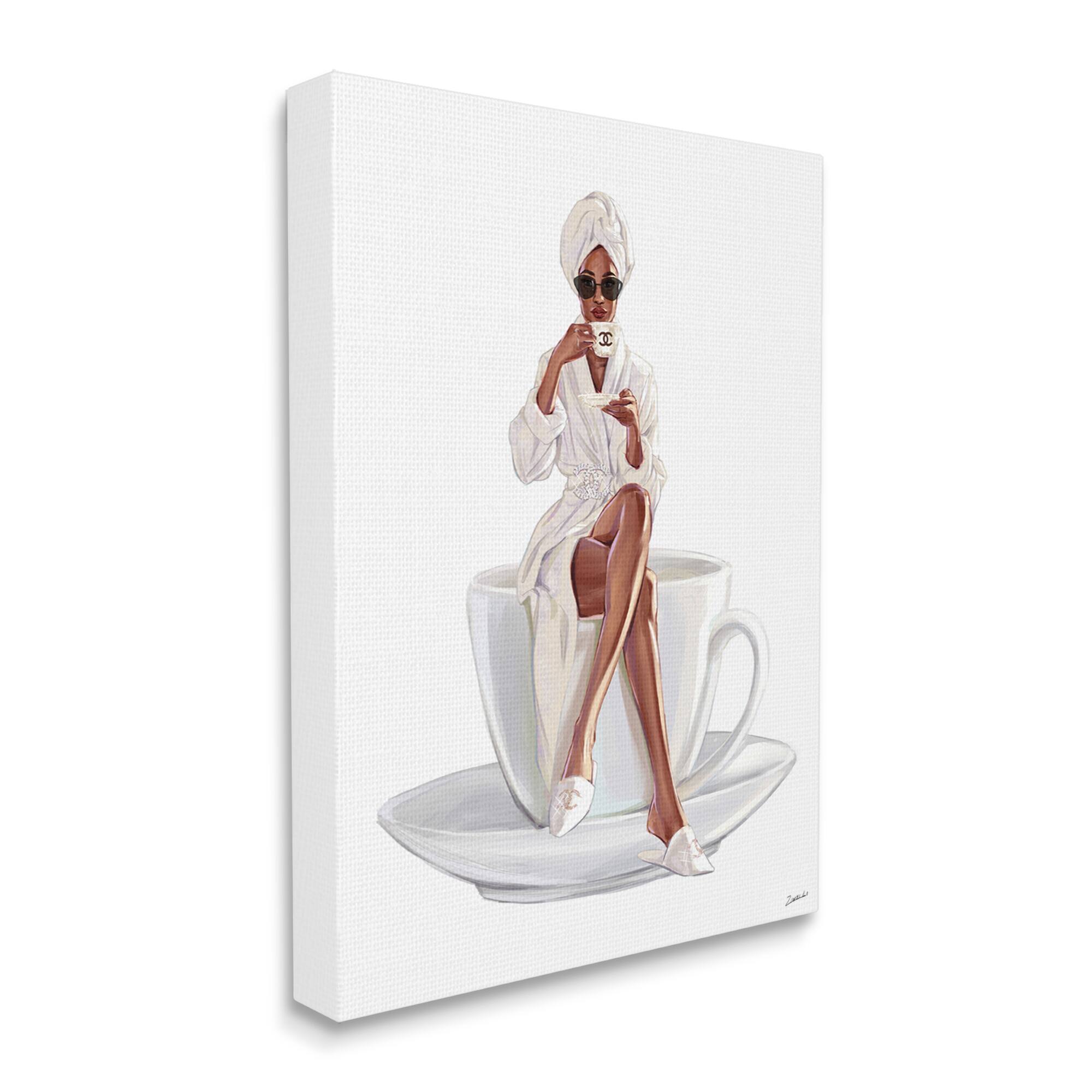 Stupell Industries Chic Coffee Teacup Woman Sipping Robe Sunglasses Canvas Wall Art